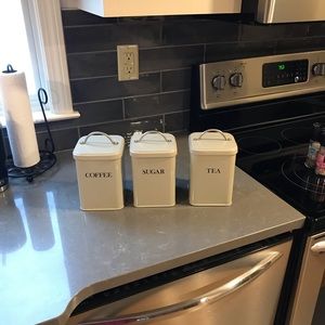 Williams and Sonoma 3 piece canister set, coffee, tea and sugar